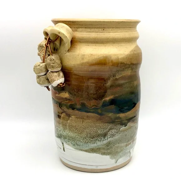Large Pottery Crock Vase Hand Made Beads On Leather Dangle Applied Floral Relief - Picture 3 of 15